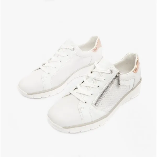 53703-80 Ladies Leather Lace-Up Trainers White/Rose Gold