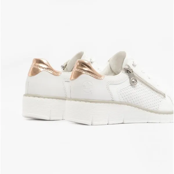 53703-80 Ladies Leather Lace-Up Trainers White/Rose Gold