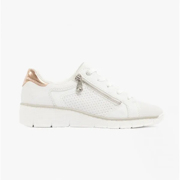 53703-80 Ladies Leather Lace-Up Trainers White/Rose Gold