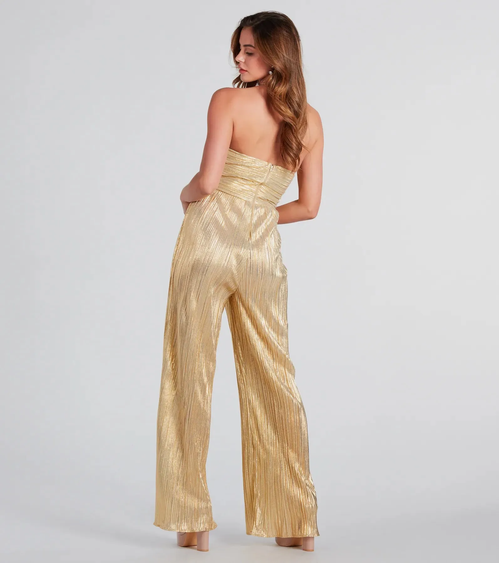 All The Attention Metallic Strapless Jumpsuit