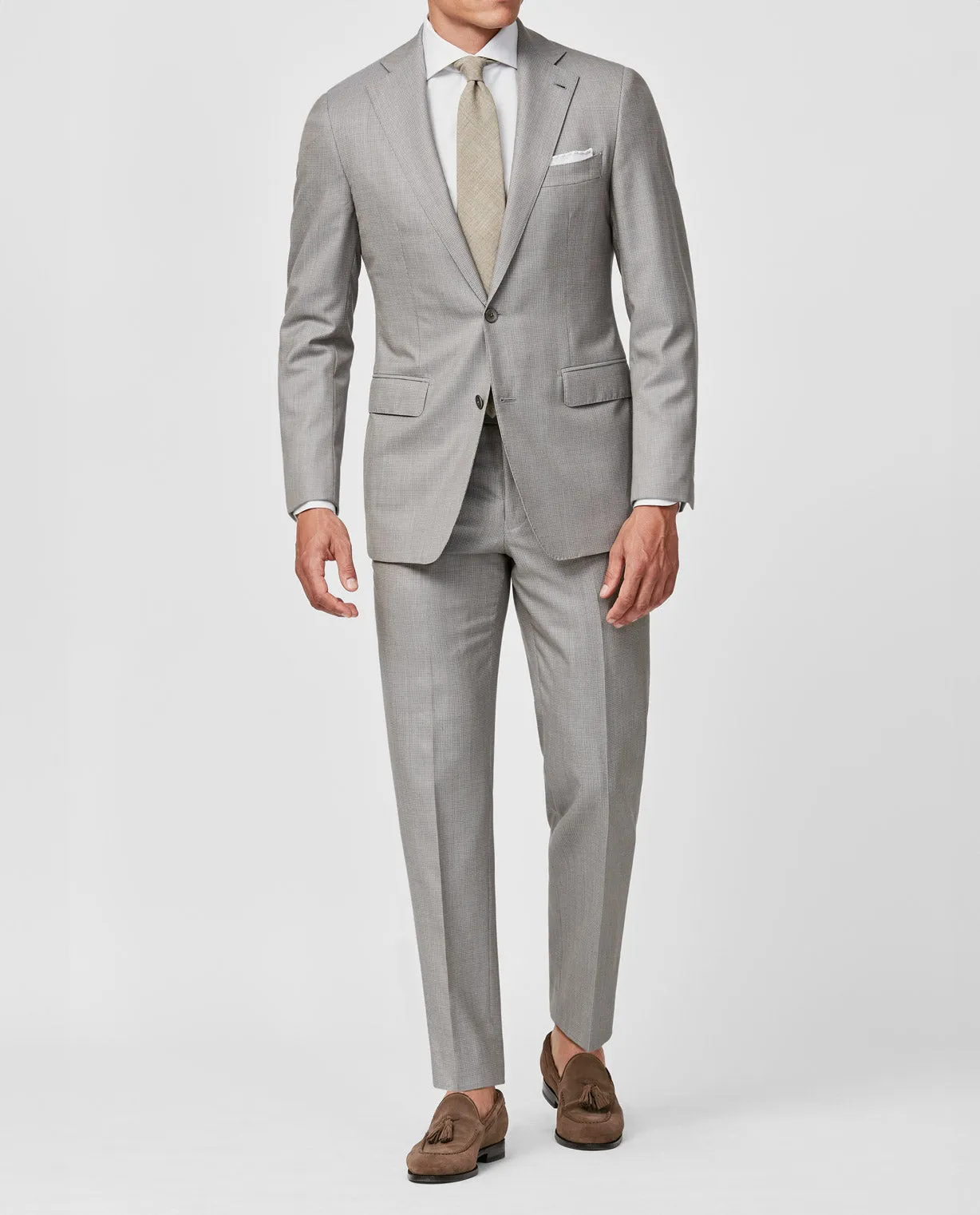 Angelico 365 Doppio Ritoto S130 Merino Wool Taupe with Tonal Micro Check