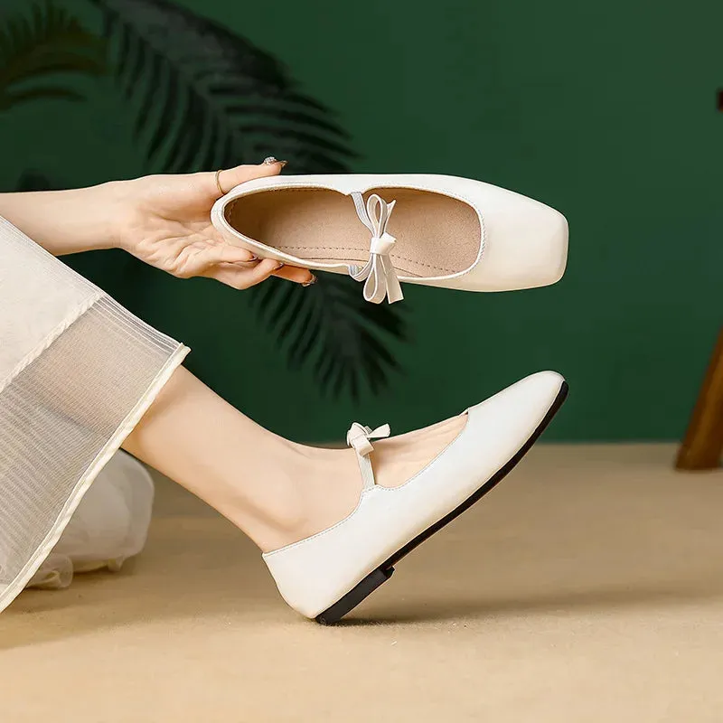 binfenxie  -  Fashion Bowknot Mary Jane Shoes for Women Square Toe Glossy Leather Flats Female Multicolor Dance Ballets Party Wedding Shoes