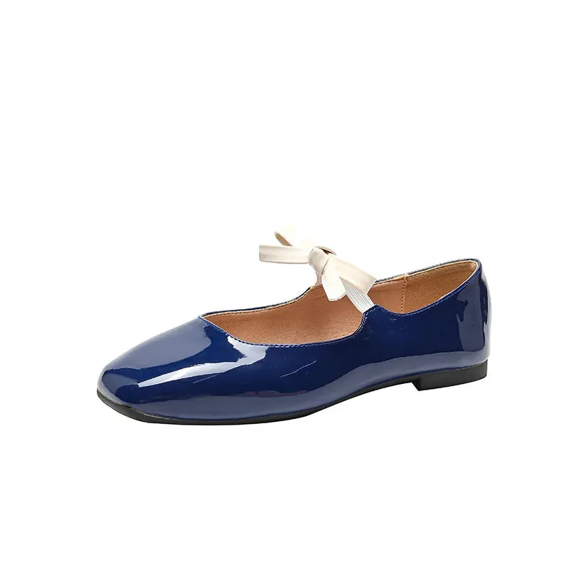 binfenxie  -  Fashion Bowknot Mary Jane Shoes for Women Square Toe Glossy Leather Flats Female Multicolor Dance Ballets Party Wedding Shoes