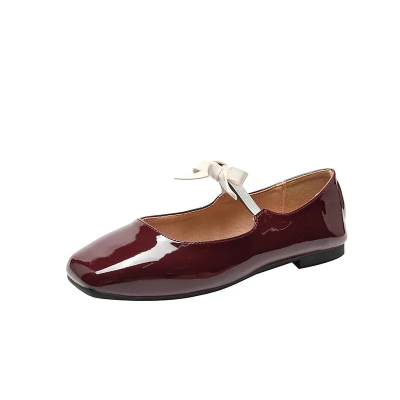 binfenxie  -  Fashion Bowknot Mary Jane Shoes for Women Square Toe Glossy Leather Flats Female Multicolor Dance Ballets Party Wedding Shoes