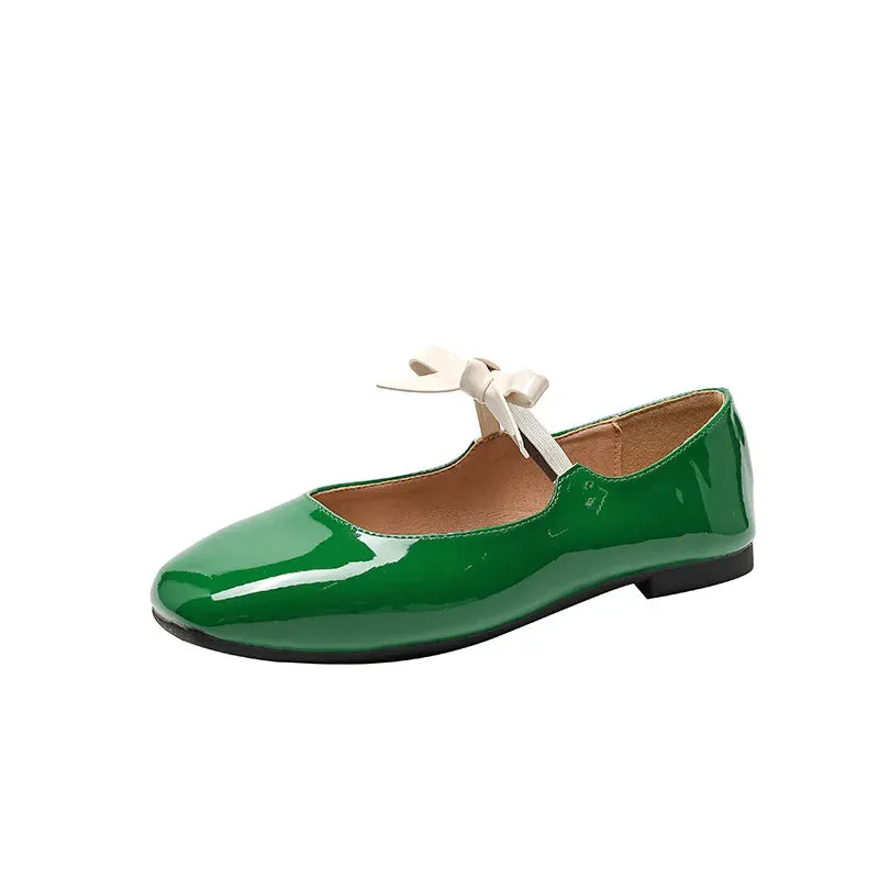 binfenxie  -  Fashion Bowknot Mary Jane Shoes for Women Square Toe Glossy Leather Flats Female Multicolor Dance Ballets Party Wedding Shoes