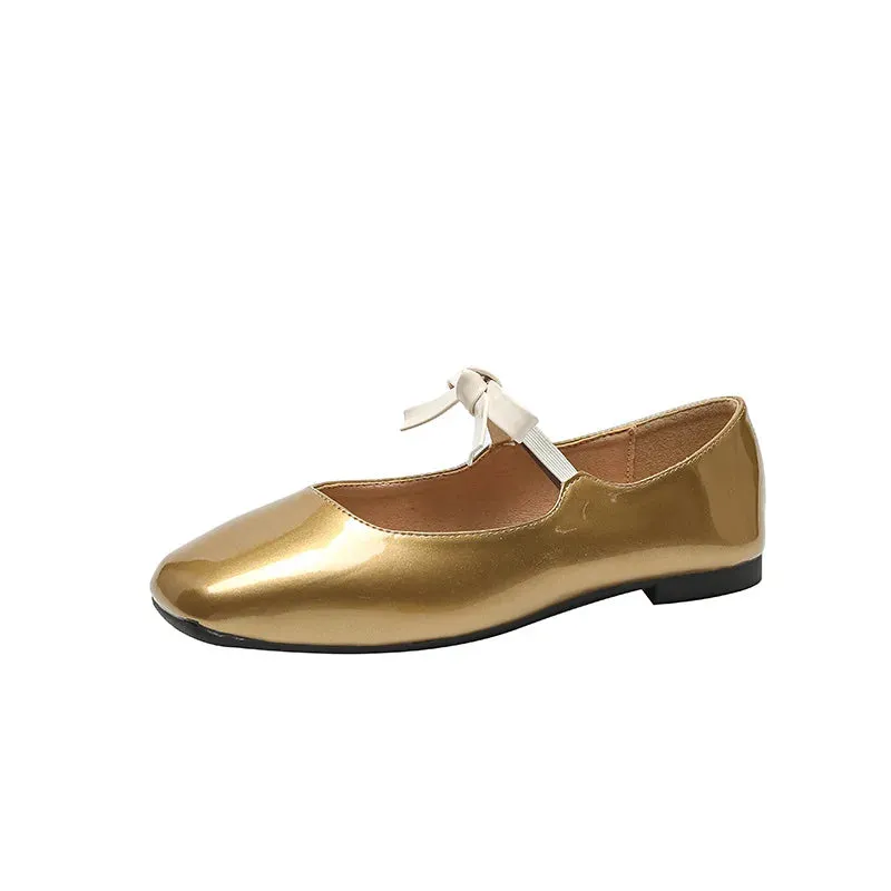 binfenxie  -  Fashion Bowknot Mary Jane Shoes for Women Square Toe Glossy Leather Flats Female Multicolor Dance Ballets Party Wedding Shoes