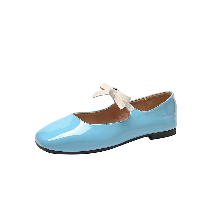 binfenxie  -  Fashion Bowknot Mary Jane Shoes for Women Square Toe Glossy Leather Flats Female Multicolor Dance Ballets Party Wedding Shoes