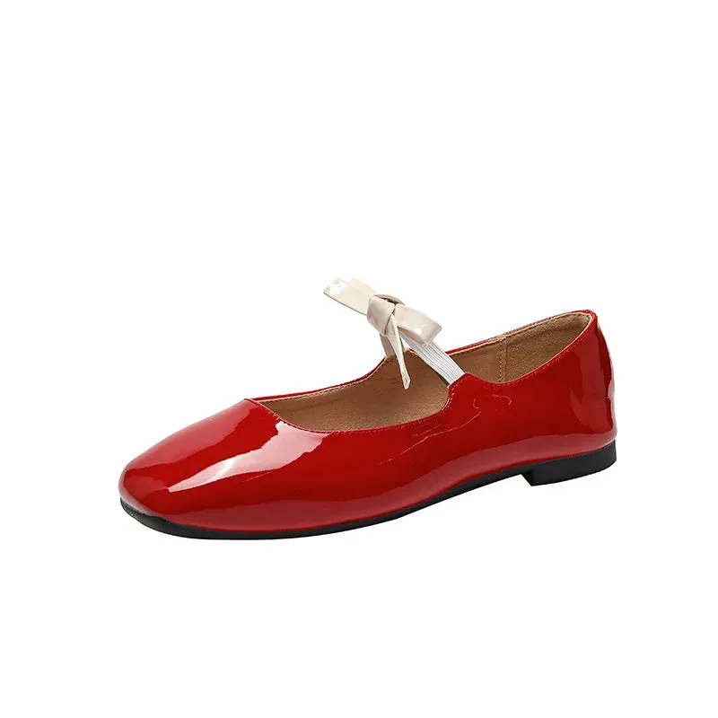 binfenxie  -  Fashion Bowknot Mary Jane Shoes for Women Square Toe Glossy Leather Flats Female Multicolor Dance Ballets Party Wedding Shoes