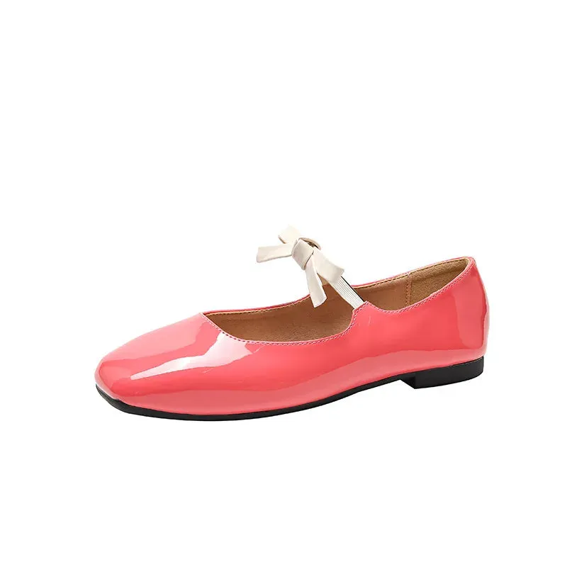 binfenxie  -  Fashion Bowknot Mary Jane Shoes for Women Square Toe Glossy Leather Flats Female Multicolor Dance Ballets Party Wedding Shoes