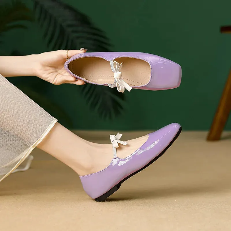 binfenxie  -  Fashion Bowknot Mary Jane Shoes for Women Square Toe Glossy Leather Flats Female Multicolor Dance Ballets Party Wedding Shoes