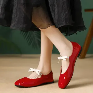 binfenxie  -  Fashion Bowknot Mary Jane Shoes for Women Square Toe Glossy Leather Flats Female Multicolor Dance Ballets Party Wedding Shoes