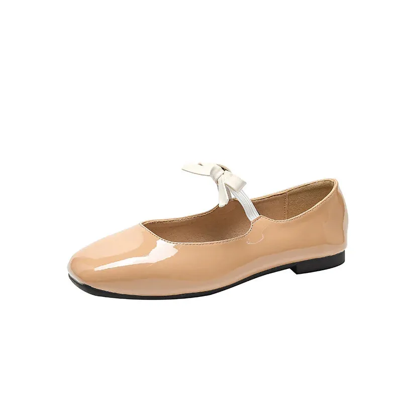 binfenxie  -  Fashion Bowknot Mary Jane Shoes for Women Square Toe Glossy Leather Flats Female Multicolor Dance Ballets Party Wedding Shoes