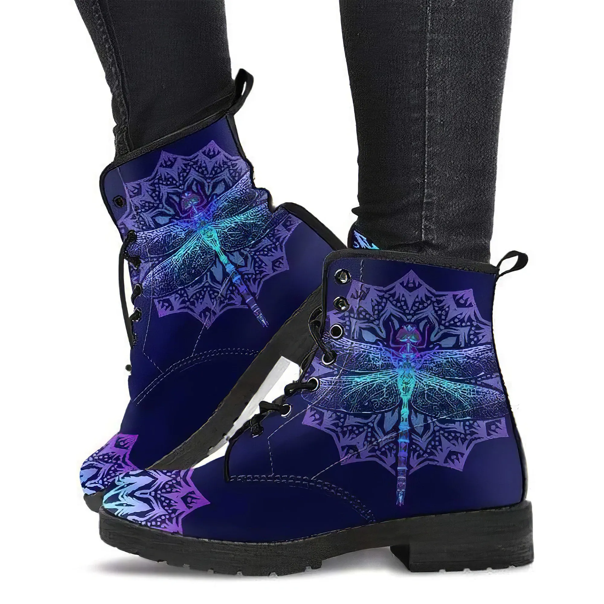 Combat Boots for Women - Dragonfly Mandala Handcrafted Boots | Unique Custom Faux Leather Shoes, Cruelty-free Vegan Handmade Lace Up