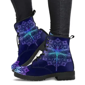 Combat Boots for Women - Dragonfly Mandala Handcrafted Boots | Unique Custom Faux Leather Shoes, Cruelty-free Vegan Handmade Lace Up
