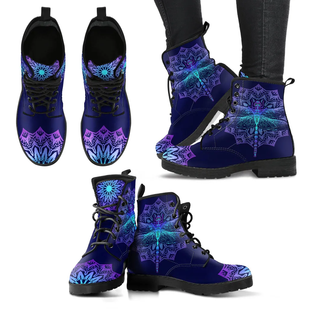 Combat Boots for Women - Dragonfly Mandala Handcrafted Boots | Unique Custom Faux Leather Shoes, Cruelty-free Vegan Handmade Lace Up