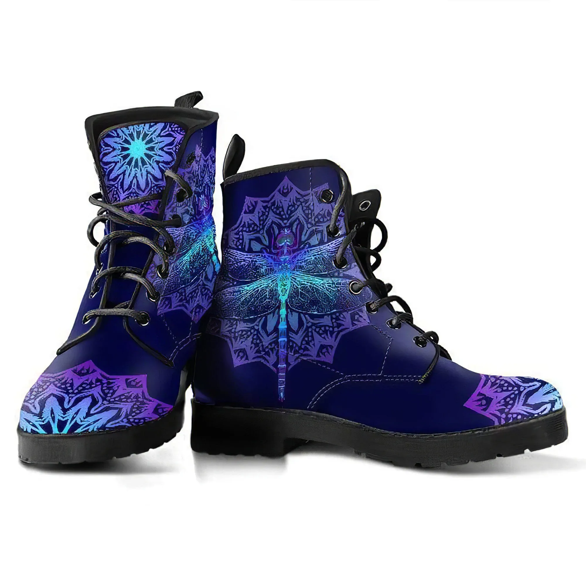Combat Boots for Women - Dragonfly Mandala Handcrafted Boots | Unique Custom Faux Leather Shoes, Cruelty-free Vegan Handmade Lace Up