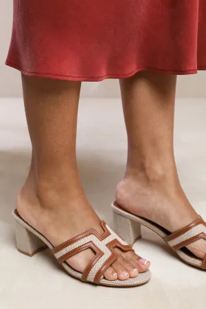 DRAMA CUT OUT STRAP BLOCK HEEL SANDALS IN TAN FAUX LEATHER