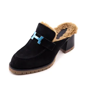 Hermes Black Suede Flore Fur Mules Size US 6.5 | EU 36.5