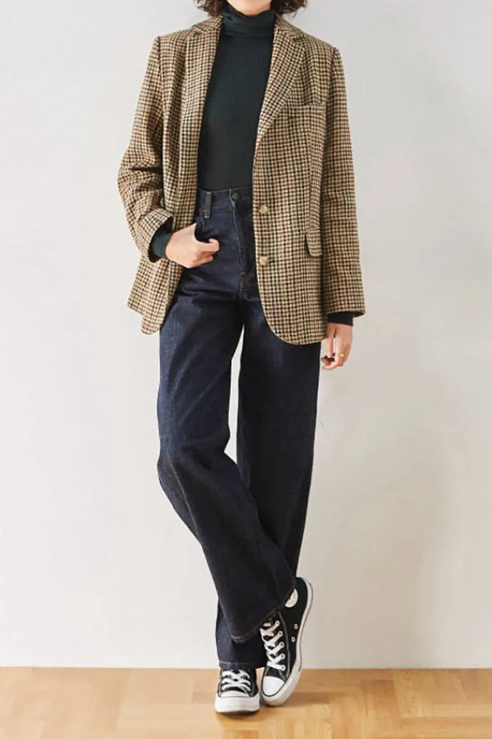 Khaki Plaid Notched Lapel Women Coat