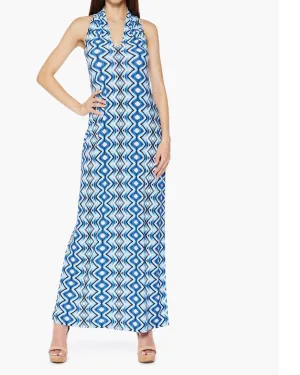 Maxi-Length V-Neck Microfiber Sleeveless Dress In Fortune (Bright Blue Vertical Diamond Pattern) | Fortune (Bright Blue Vertical Diamond Pattern)