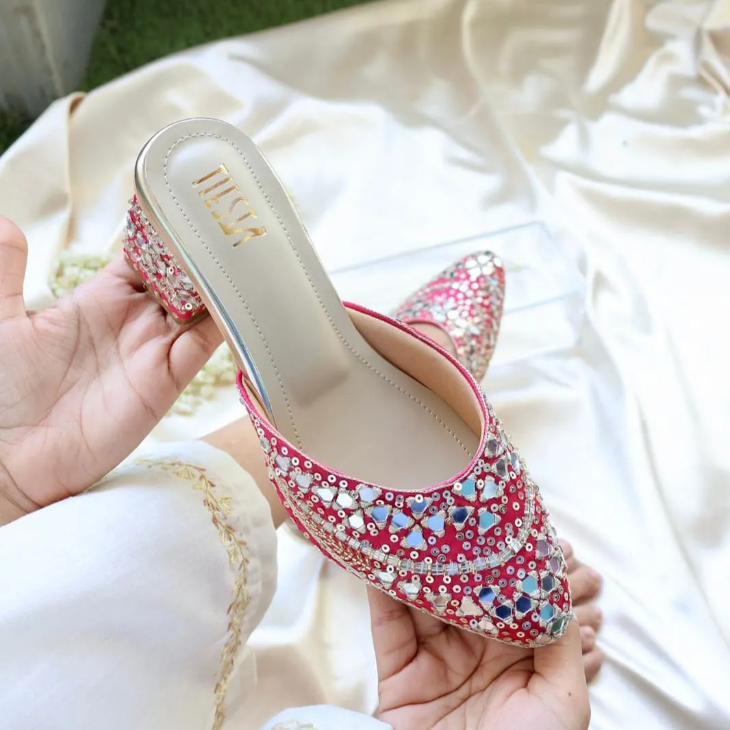 MIRROR MAGIC- Pink Mirror Embroidered Block heels I Tiesta Shoes
