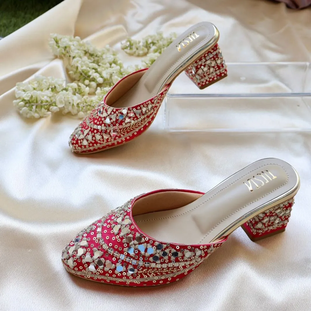 MIRROR MAGIC- Pink Mirror Embroidered Block heels I Tiesta Shoes