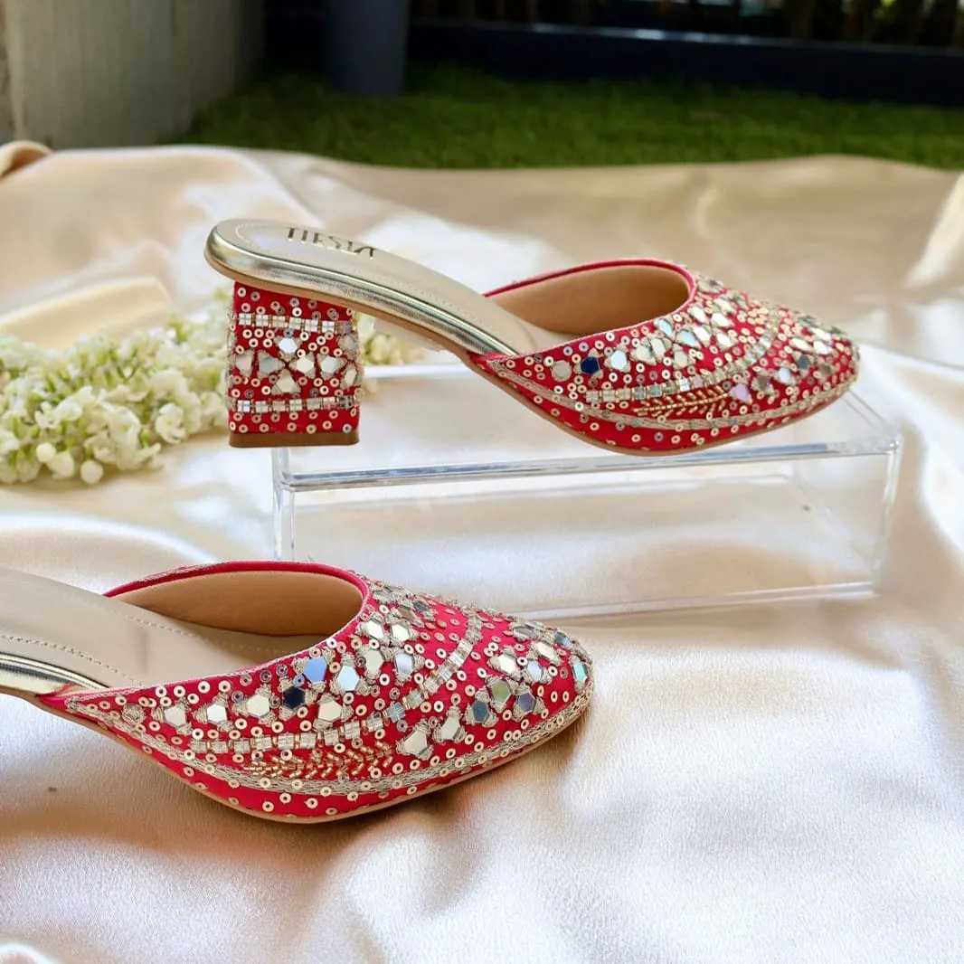 MIRROR MAGIC- Pink Mirror Embroidered Block heels I Tiesta Shoes