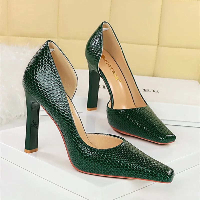 OL Fashion Style Snakeskin Patent Leather Side Cut Out High Heels