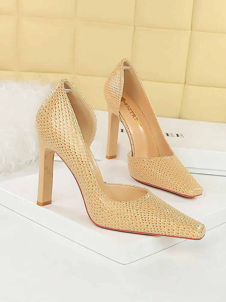 OL Fashion Style Snakeskin Patent Leather Side Cut Out High Heels