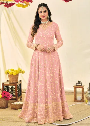 Pinkish Peach Embroidered Georgette Anarkali Suit