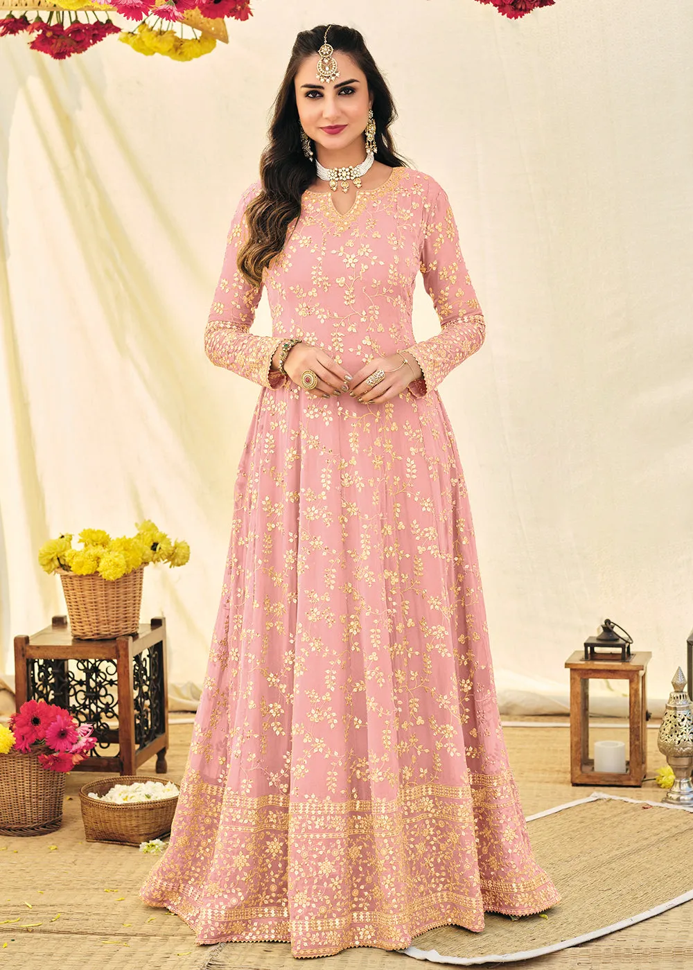Pinkish Peach Embroidered Georgette Anarkali Suit
