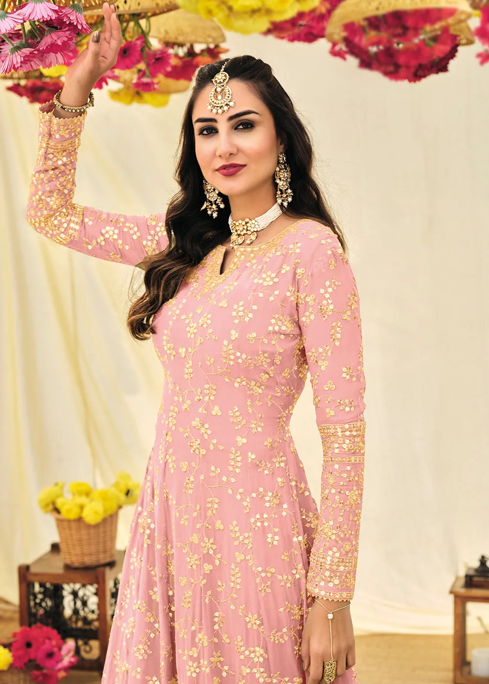 Pinkish Peach Embroidered Georgette Anarkali Suit