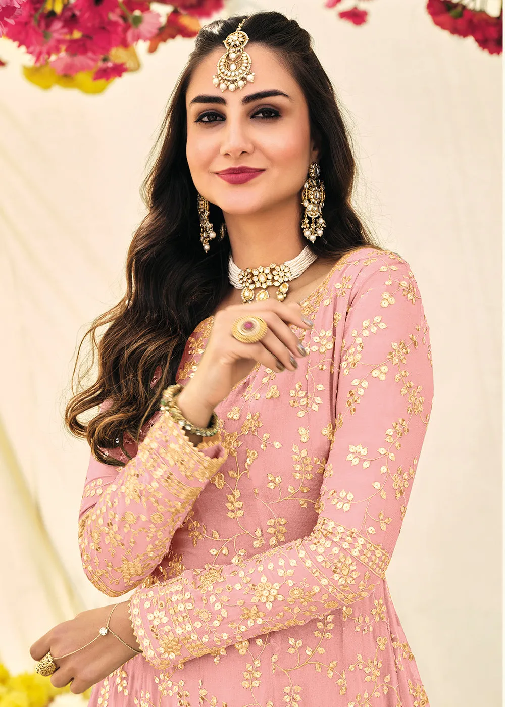 Pinkish Peach Embroidered Georgette Anarkali Suit