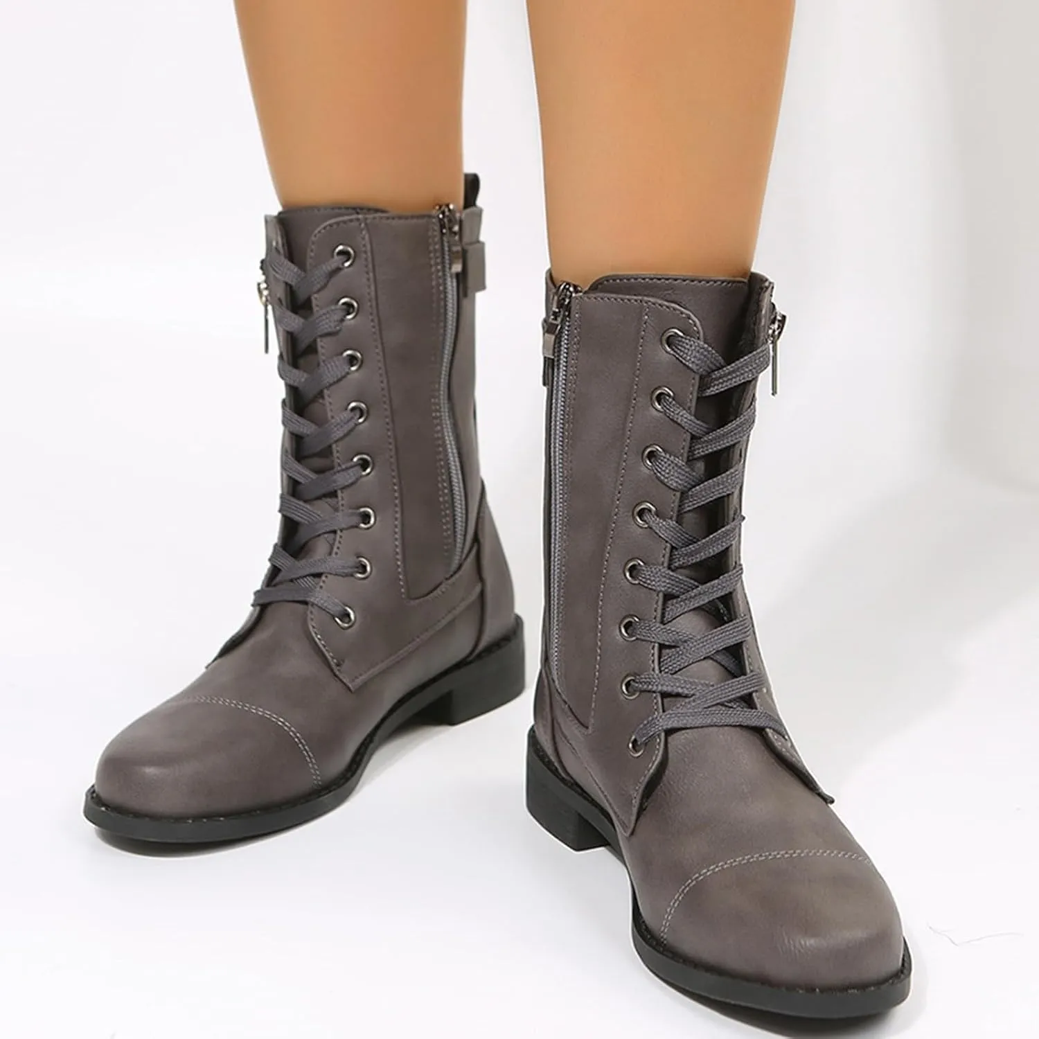 Platform Boots for Women Ankle Slip On Booties for Women Heeled Black Boots Non Slip Work Shoes Women Comfy Soft Cover Heel Lace-up Round Toe Comfortable Low Heel