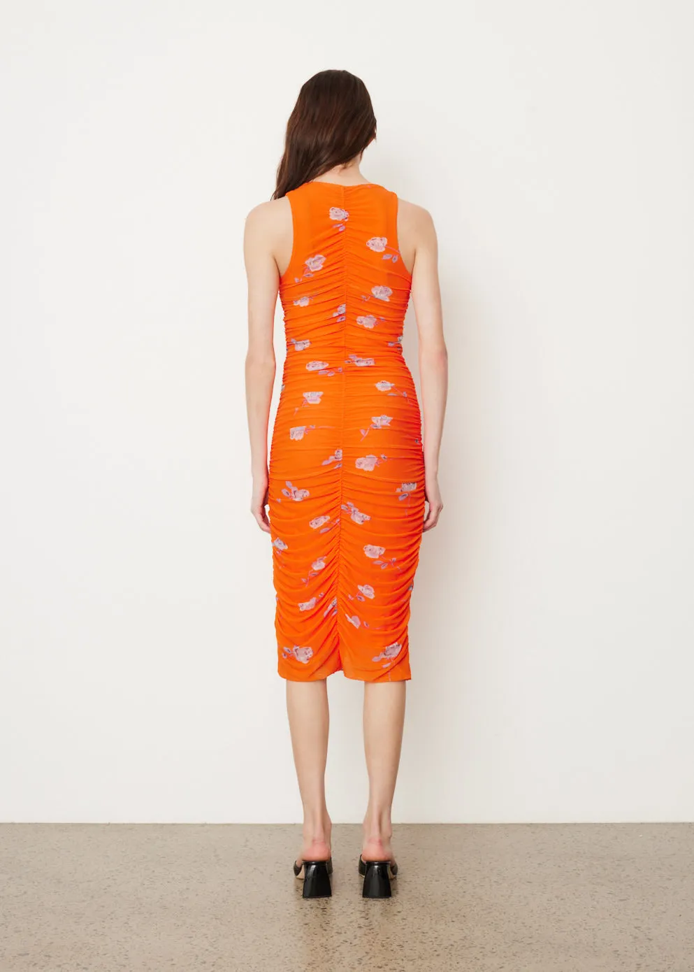 Printed Mesh Ruched Sleeveless Midi Dress