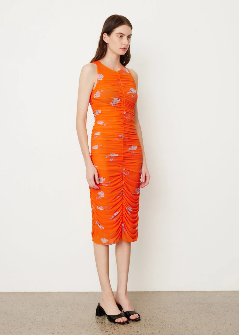 Printed Mesh Ruched Sleeveless Midi Dress
