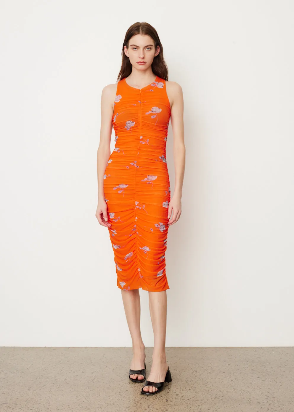 Printed Mesh Ruched Sleeveless Midi Dress