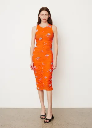 Printed Mesh Ruched Sleeveless Midi Dress