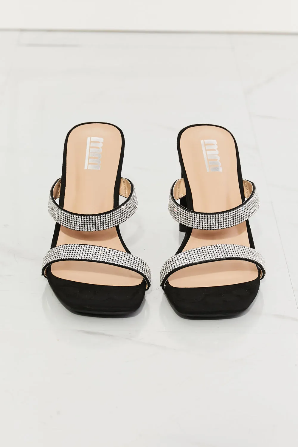 Rhinestone Block Heel Sandal in Black