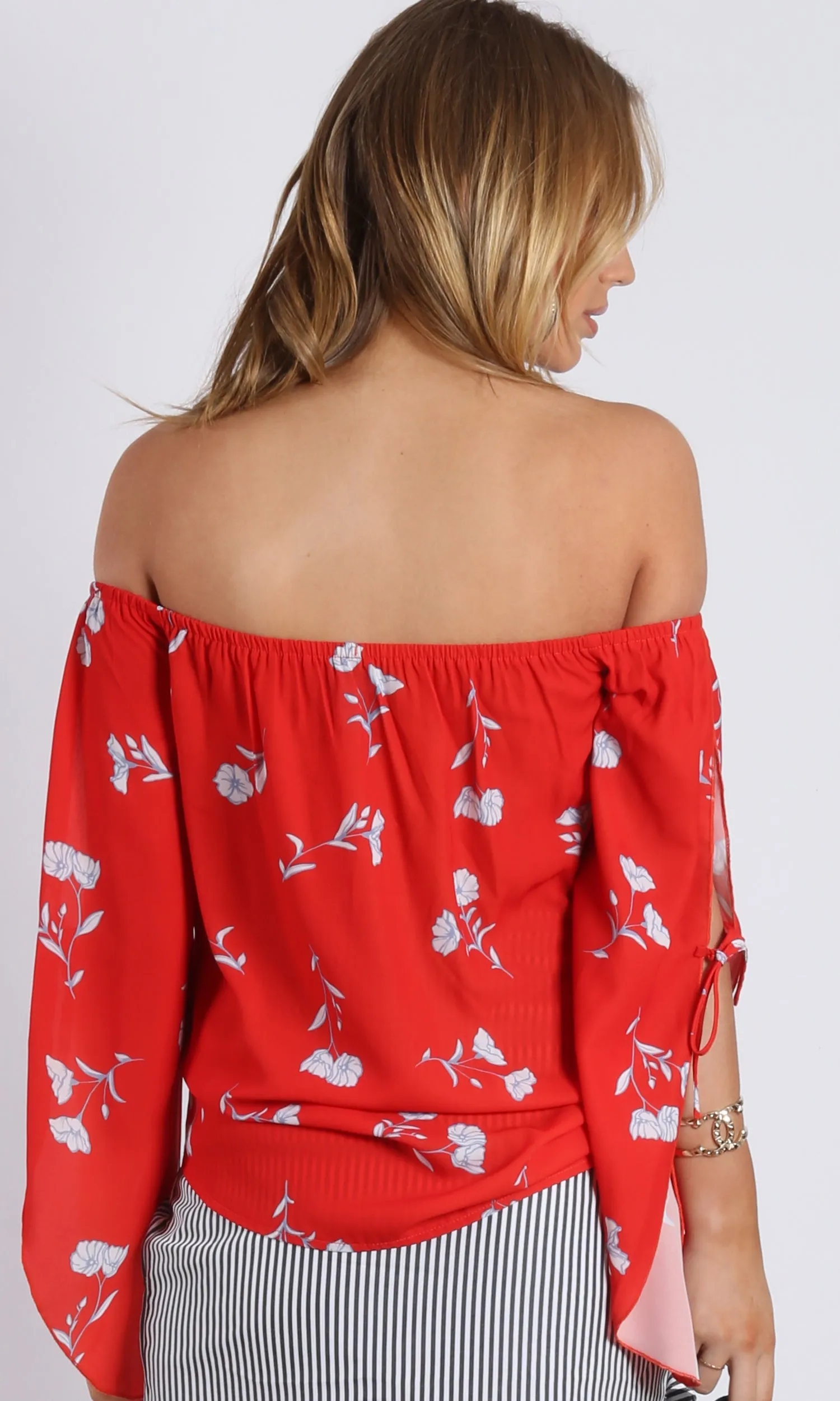RV1045SS Off Shoulder Print Red Top On Sale