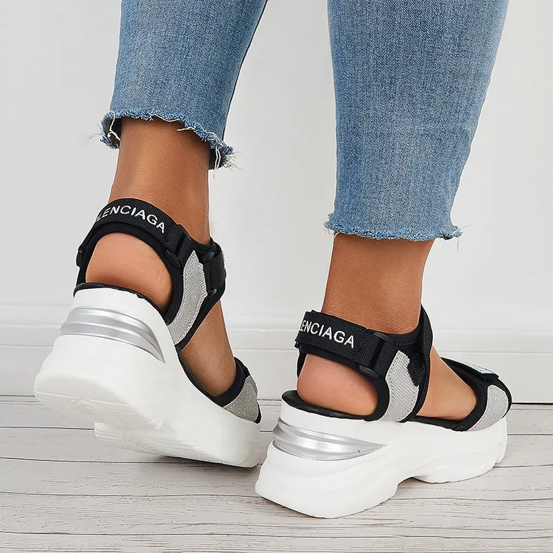 Sohiwoo  Hook and Loop Platform Wedges Ankle Strap Sandals