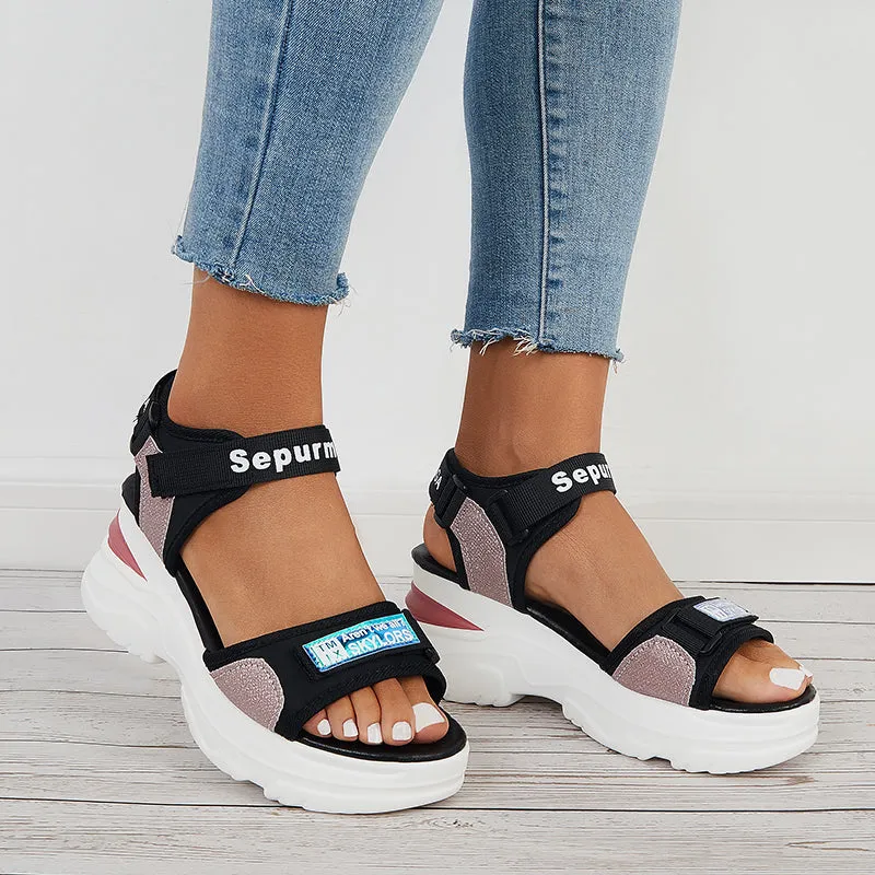 Sohiwoo  Hook and Loop Platform Wedges Ankle Strap Sandals