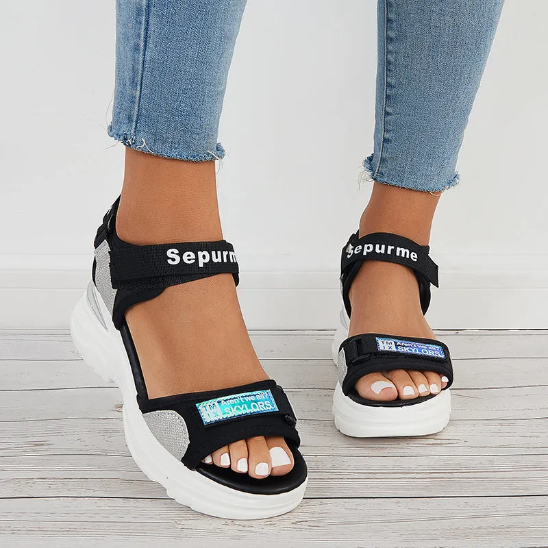Sohiwoo  Hook and Loop Platform Wedges Ankle Strap Sandals