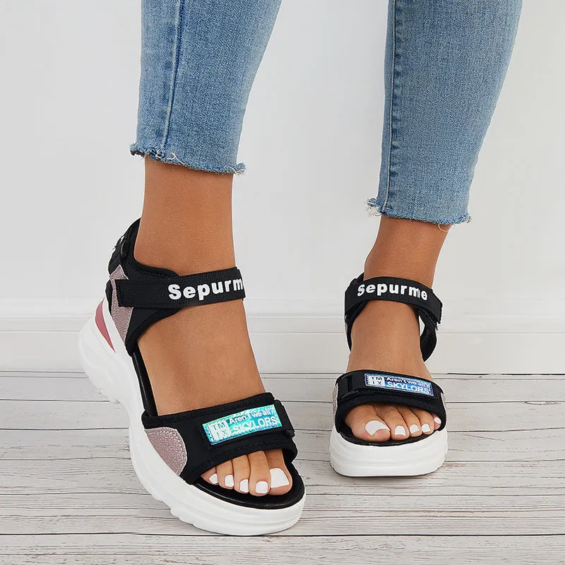 Sohiwoo  Hook and Loop Platform Wedges Ankle Strap Sandals