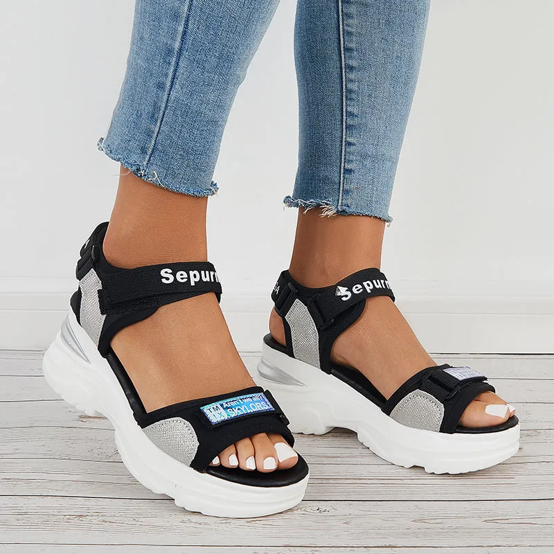 Sohiwoo  Hook and Loop Platform Wedges Ankle Strap Sandals
