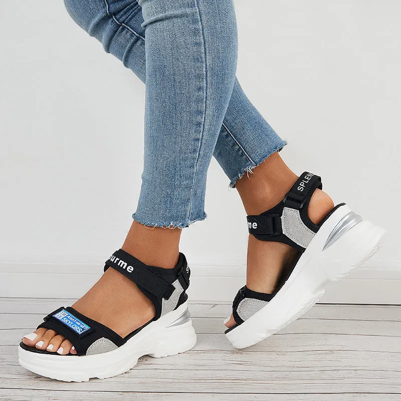 Sohiwoo  Hook and Loop Platform Wedges Ankle Strap Sandals