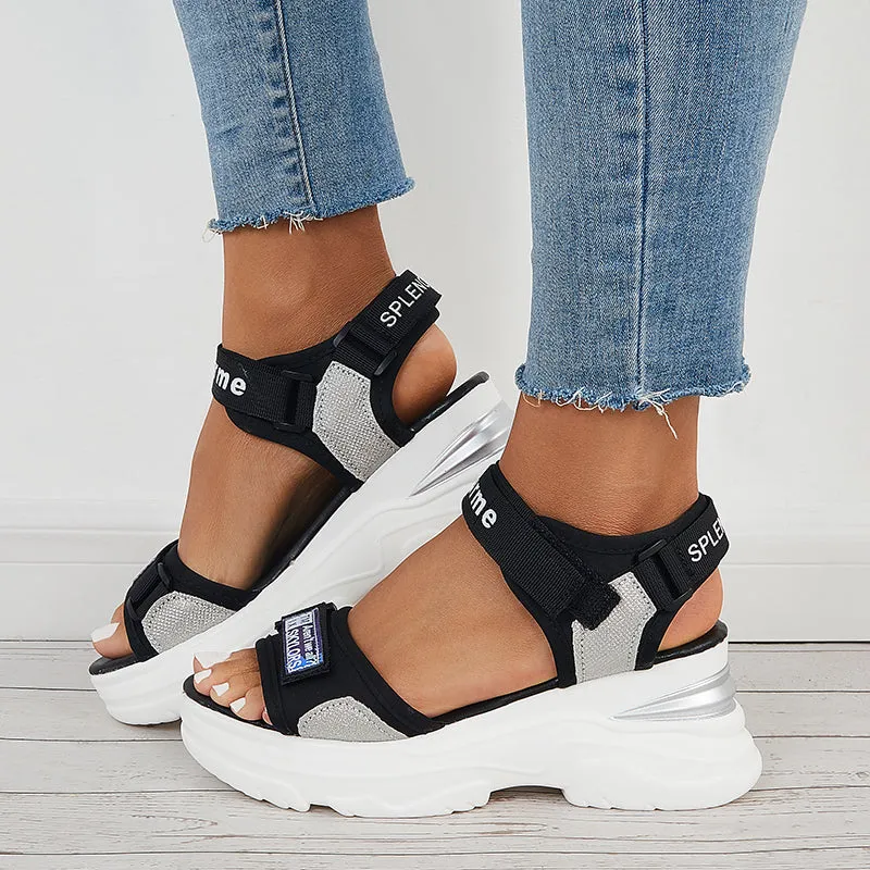 Sohiwoo  Hook and Loop Platform Wedges Ankle Strap Sandals