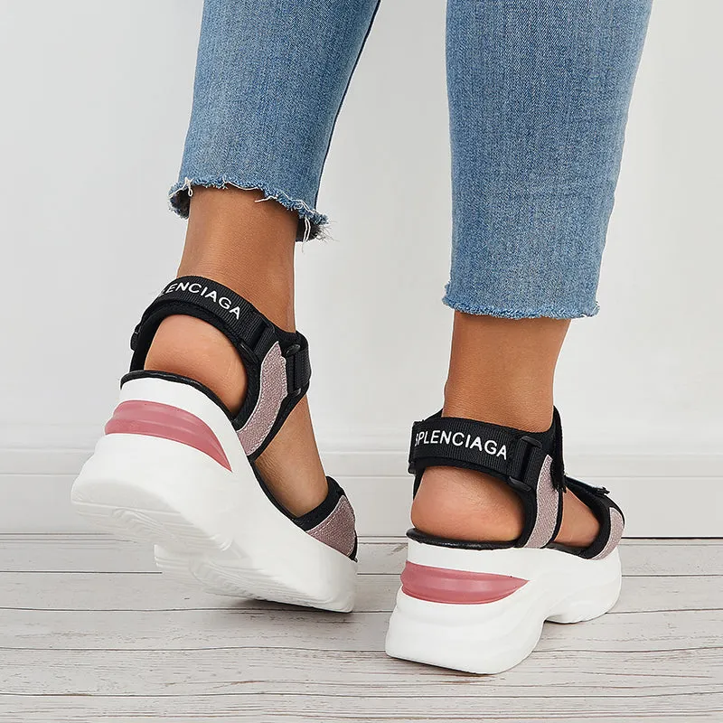 Sohiwoo  Hook and Loop Platform Wedges Ankle Strap Sandals