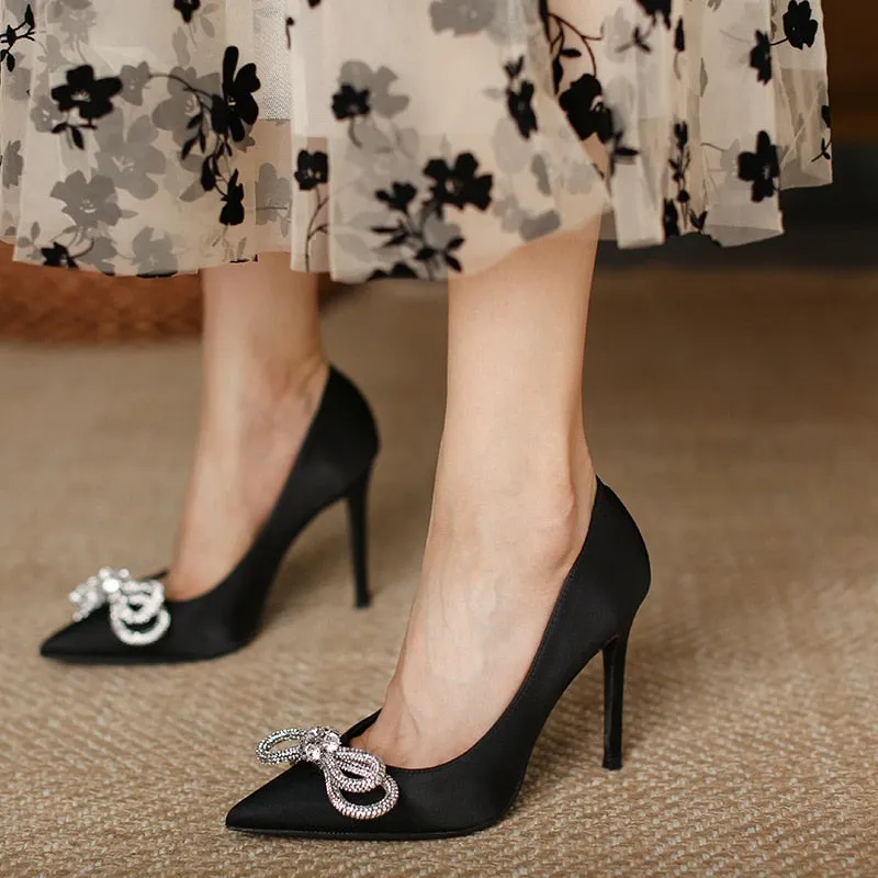 Spring and Summer New Pointed Toe Satin Stiletto Rhinestone Bow High Heels Women Versatile Single-Layer Shoes