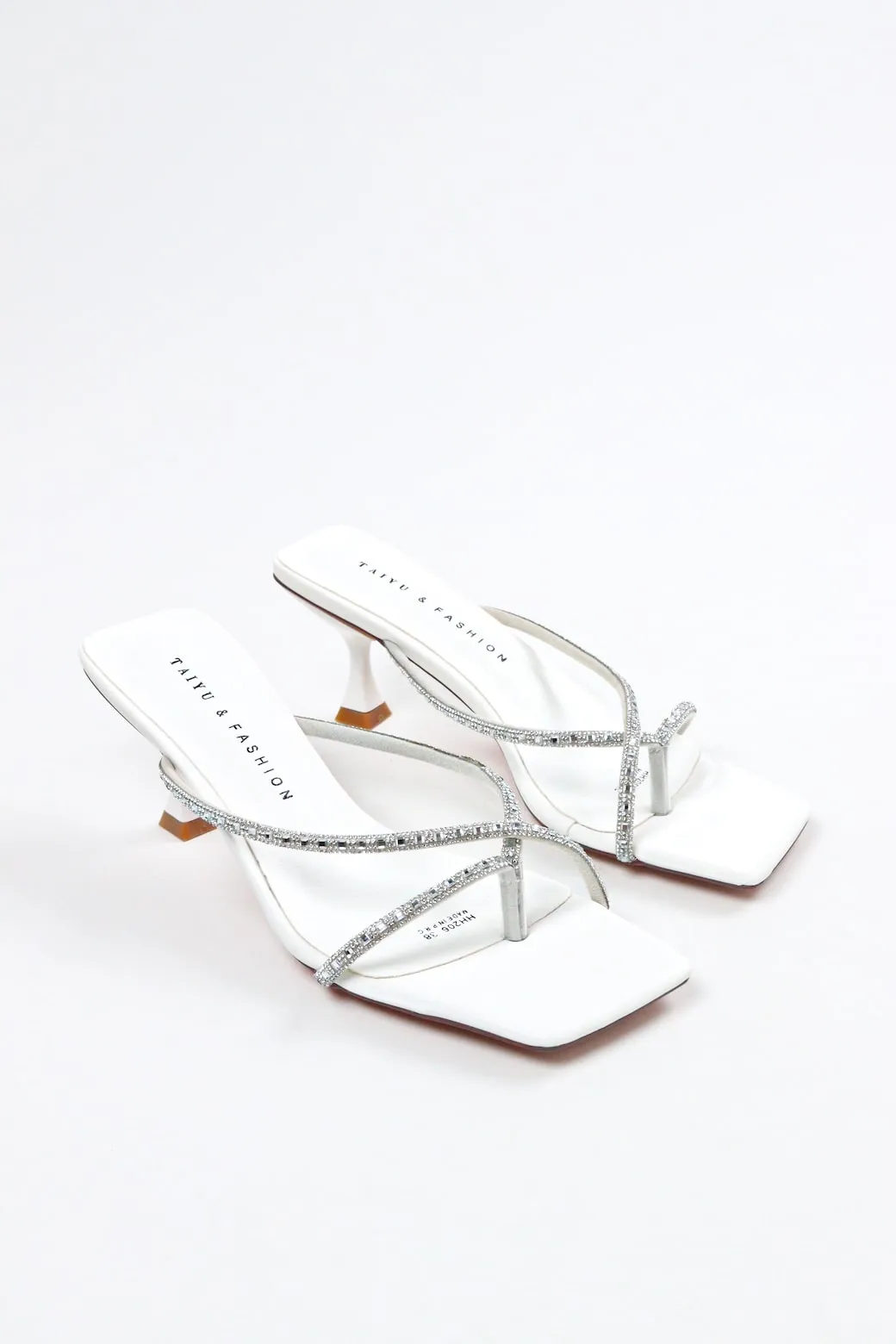 Taiyu - Women's Diamond Embellished Kitten Mules - White